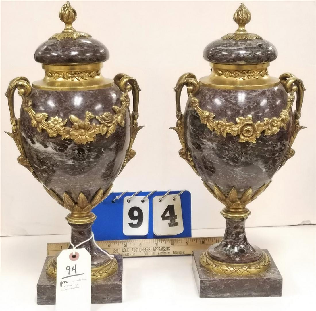PR. MARBLE + BRONZE MOUNTED CASSOLETTES. 16": PR. MARBLE + BRONZE MOUNTED CASSOLETTES. 16"