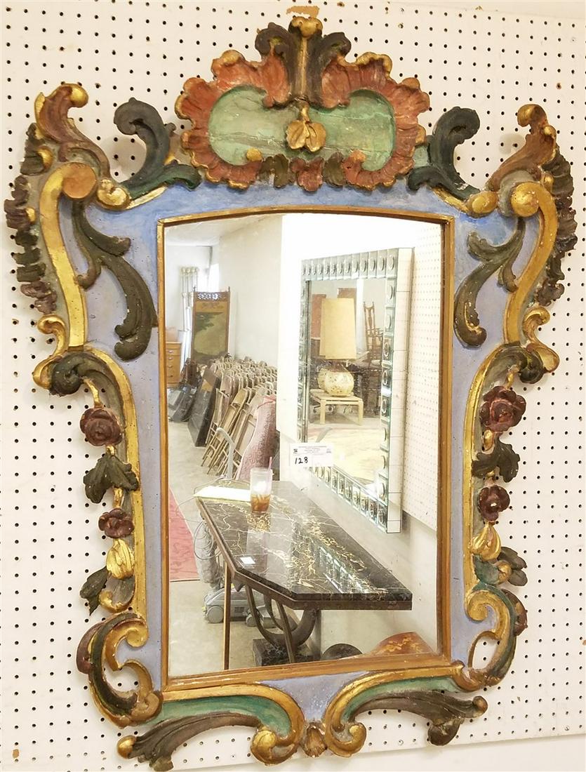 18TH C POLYCHROMED AND PARCEL GILT FRAMED MIRROR 44" X (1 of 1)