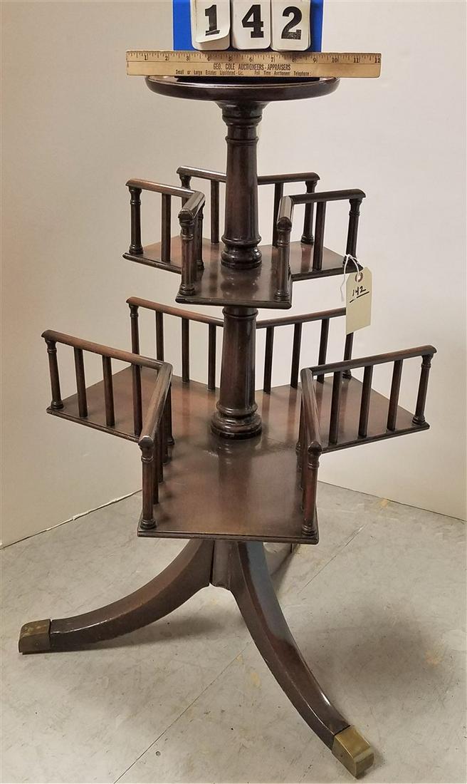 MAHOG. 2 TIER REVOLVING BOOK STAND, 36"H X 2' DIAM. (1 of 3)