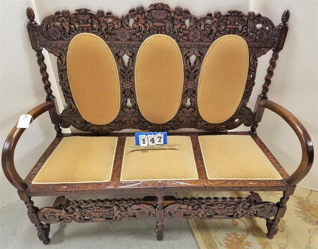 c.1900 CARVED WALNUT BENCH (1 of 6)