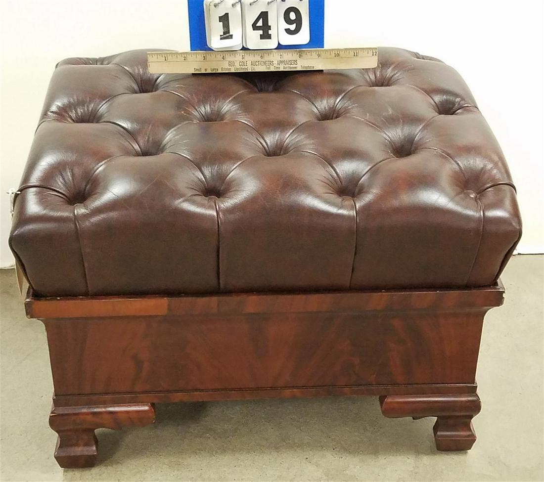 EMPIRE MAHOG. FOOTSTOOL W/ LEATHER UPHOLS., 16"H X 22"W (1 of 2)