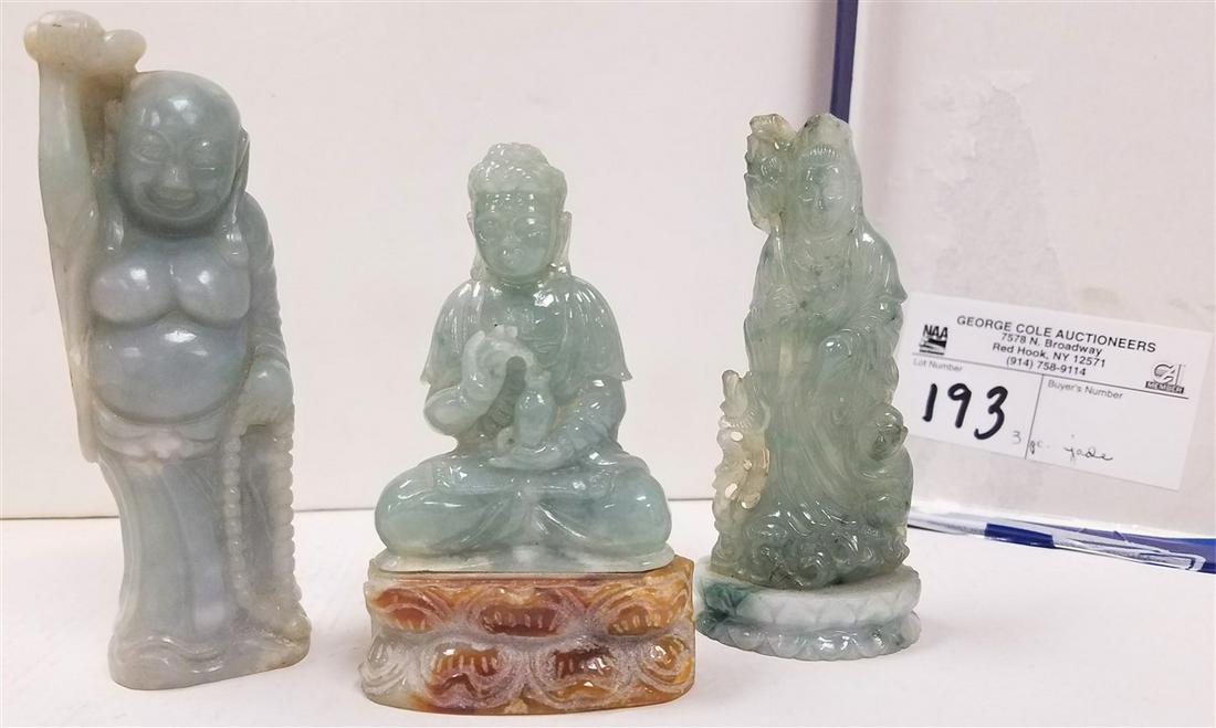 LOT 3 JADE FIGURINES-BURMESE BUDDHA 3.75", GUANYN 4" +: LOT 3 JADE FIGURINES-BURMESE BUDDHA 3.75", GUANYN 4" + BUDDHA INCENSE BURNER