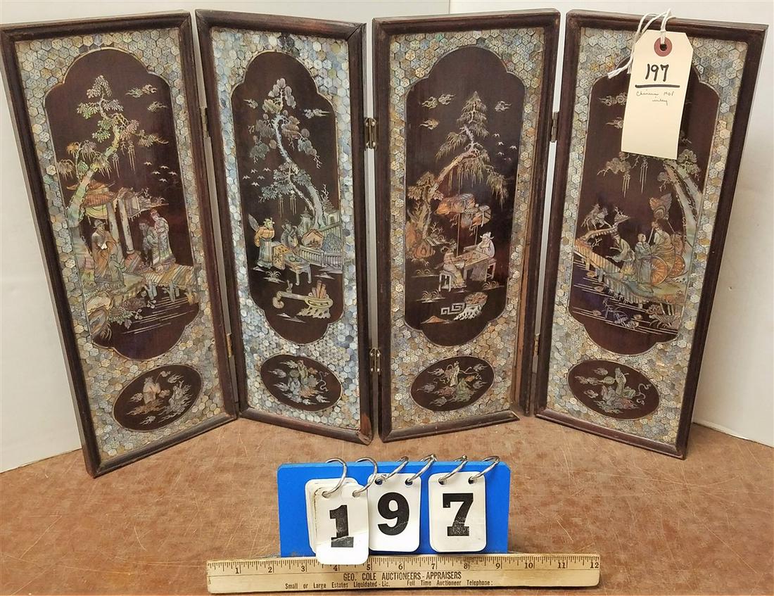 4 FOLD CHINESE TABLE SCREEN W/ MOP INLAY, 16"H X 2'W (1 of 2)