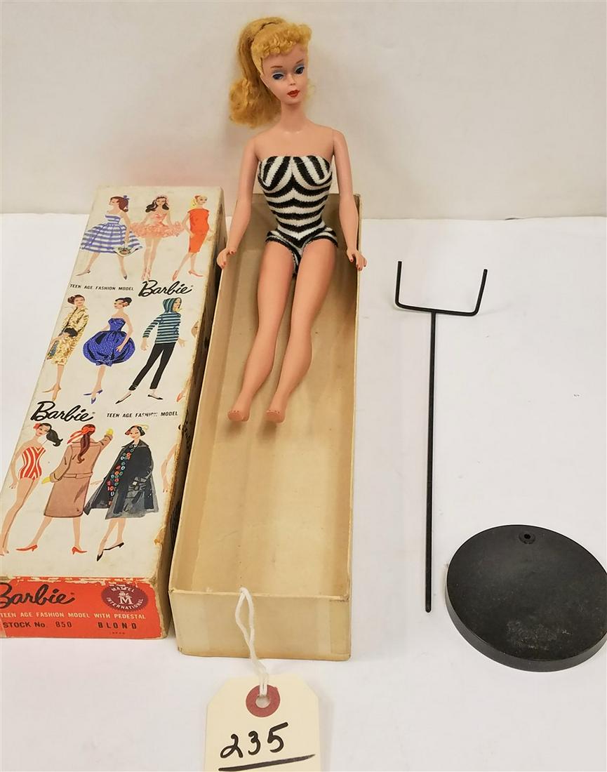 1959 BARBIE STOCK #850 W/ ORIG BX: 1959 BARBIE STOCK #850 W/ ORIG BXCant quite get the picture to come clear, but The mark is on the butt... One mark is the number 37... The Other is Barbie Patent Mattel IncThanks For Looking & Good Lu
