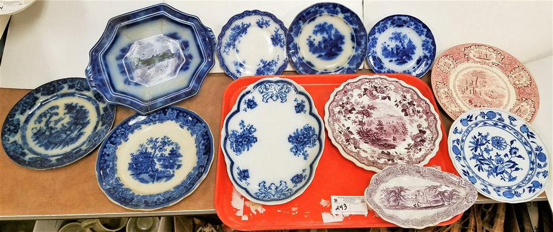 TRAY 19THC FLOW BLUE AND IRONSTONE TRANSFER PLATES ETC (1 of 15)