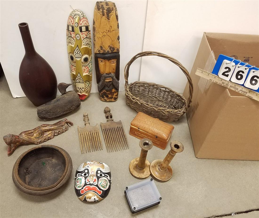 BX WOODEN MASKS, AFRICAN COMBS, CARVED THAI FIGURE ETC (1 of 2)
