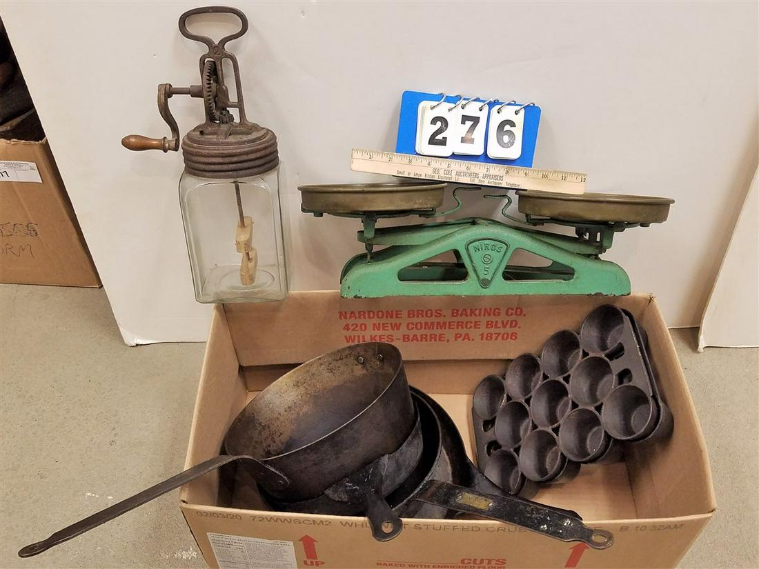BX CAST IRON FRY PANS, SCALE, BEATER ETC (1 of 6)