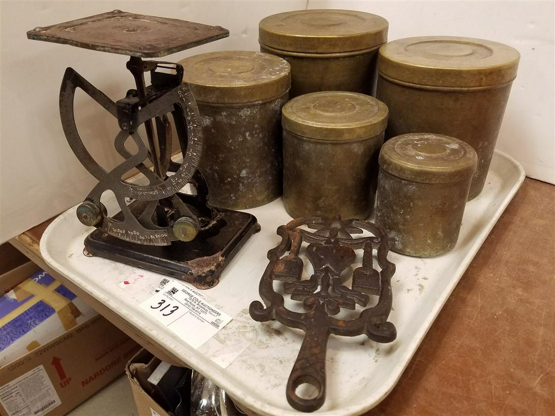 TRAY 5PC. BRASS CANNISTER SET. POSTAL SCALE, PENN. (1 of 2)