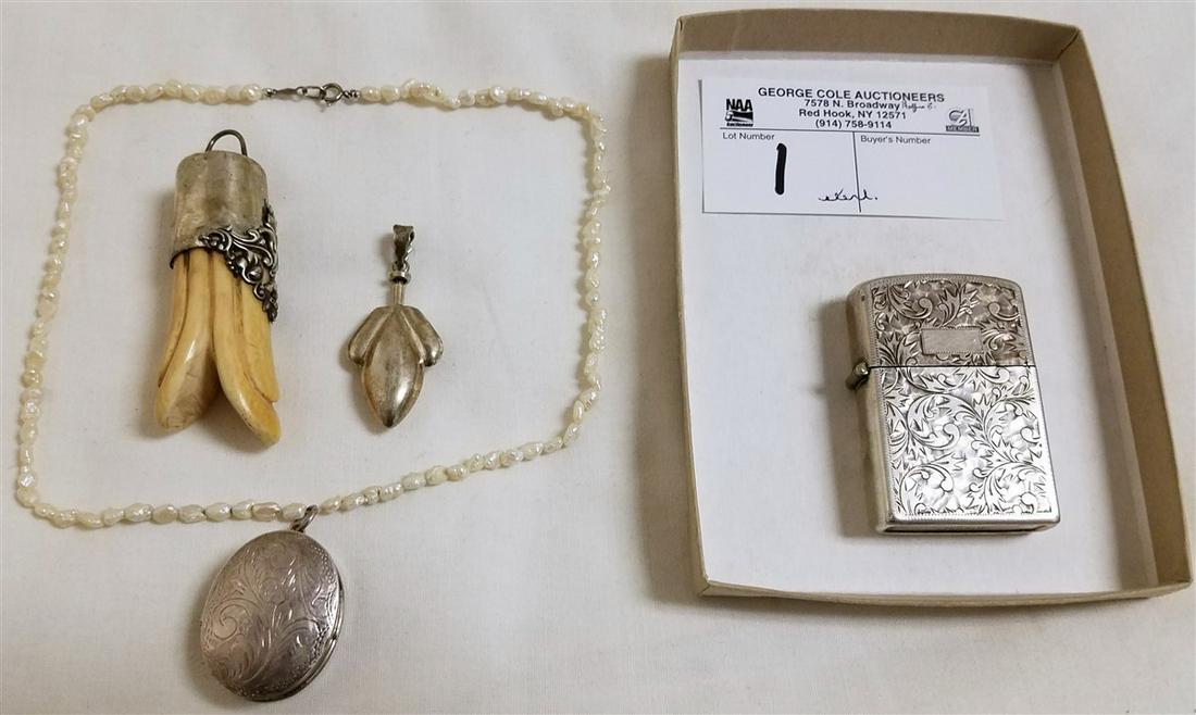 LOT STERL.-HORN + STERL. PENDANT, STERL. PENDANT,: LOT STERL.-HORN + STERL. PENDANT, STERL. PENDANT, STERL. LIGHTER COVER, SEED PEARL NECKLACE W/ STERL. LOCKET