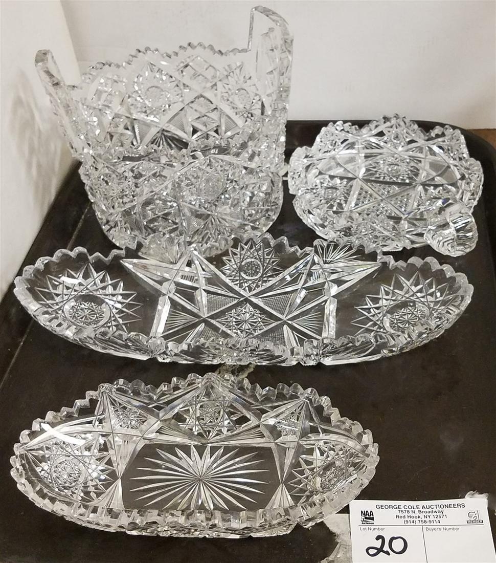 TRAY CUT GLASS-BRILLANT CUT ICE BUCKET, 2 RELISH: TRAY CUT GLASS-BRILLANT CUT ICE BUCKET, 2 RELISH DISHES-1 SGND. ALMY THOMAS CORNING+ 1 NAPPY