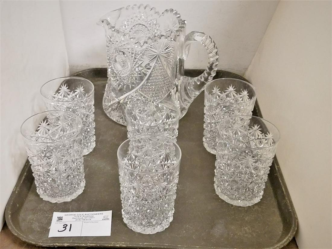 TRAY BRILLANT CUT GLASS PITCHER W/ 6 MATCHING GLASSES (1 of 2)