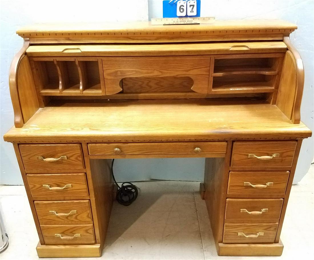 OAK ROLL TOP DESK, 45"H X 52"W X 23"D: OAK ROLL TOP DESK, 45"H X 52"W X 23"D