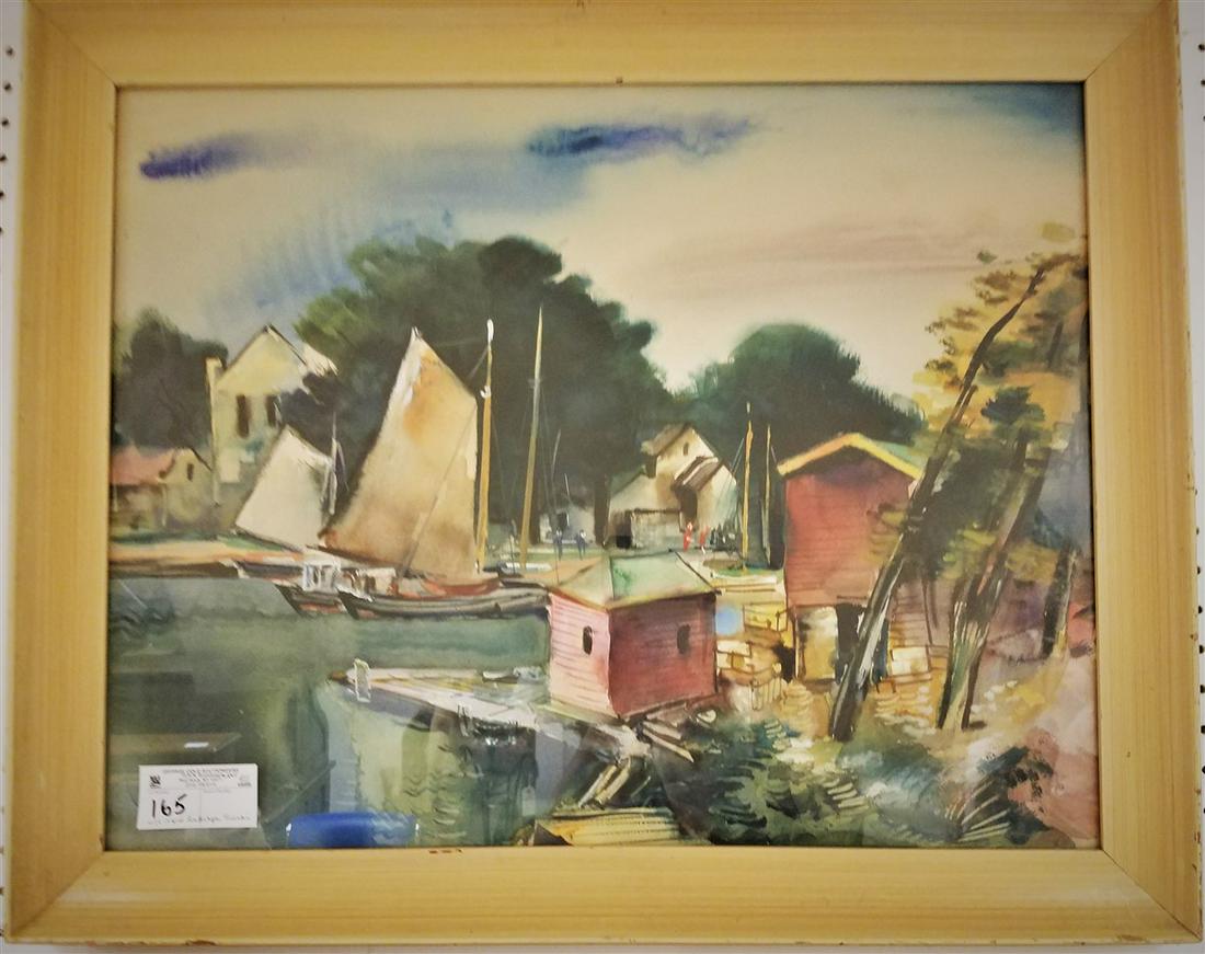 FRAMED W/C DOCK SCENE, SGND. RUDOLPH JACOBI, 19" X 24", (1 of 1)
