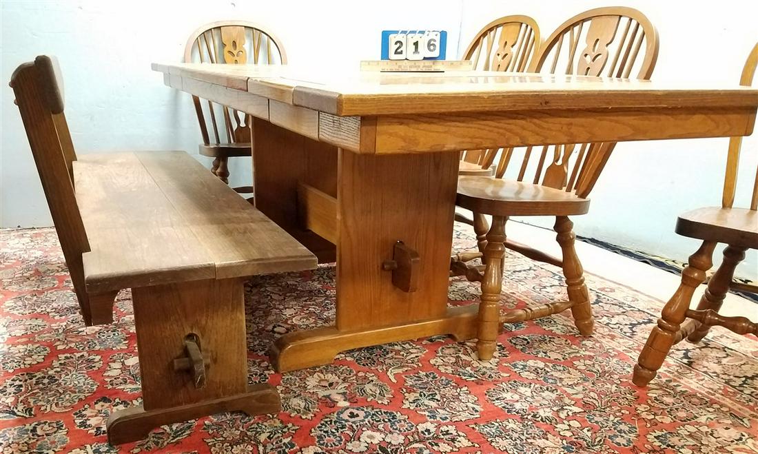 7PC. BENT BROS. OAK DINING SET, TRESTLE TABLE W/ 2 (1 of 4)