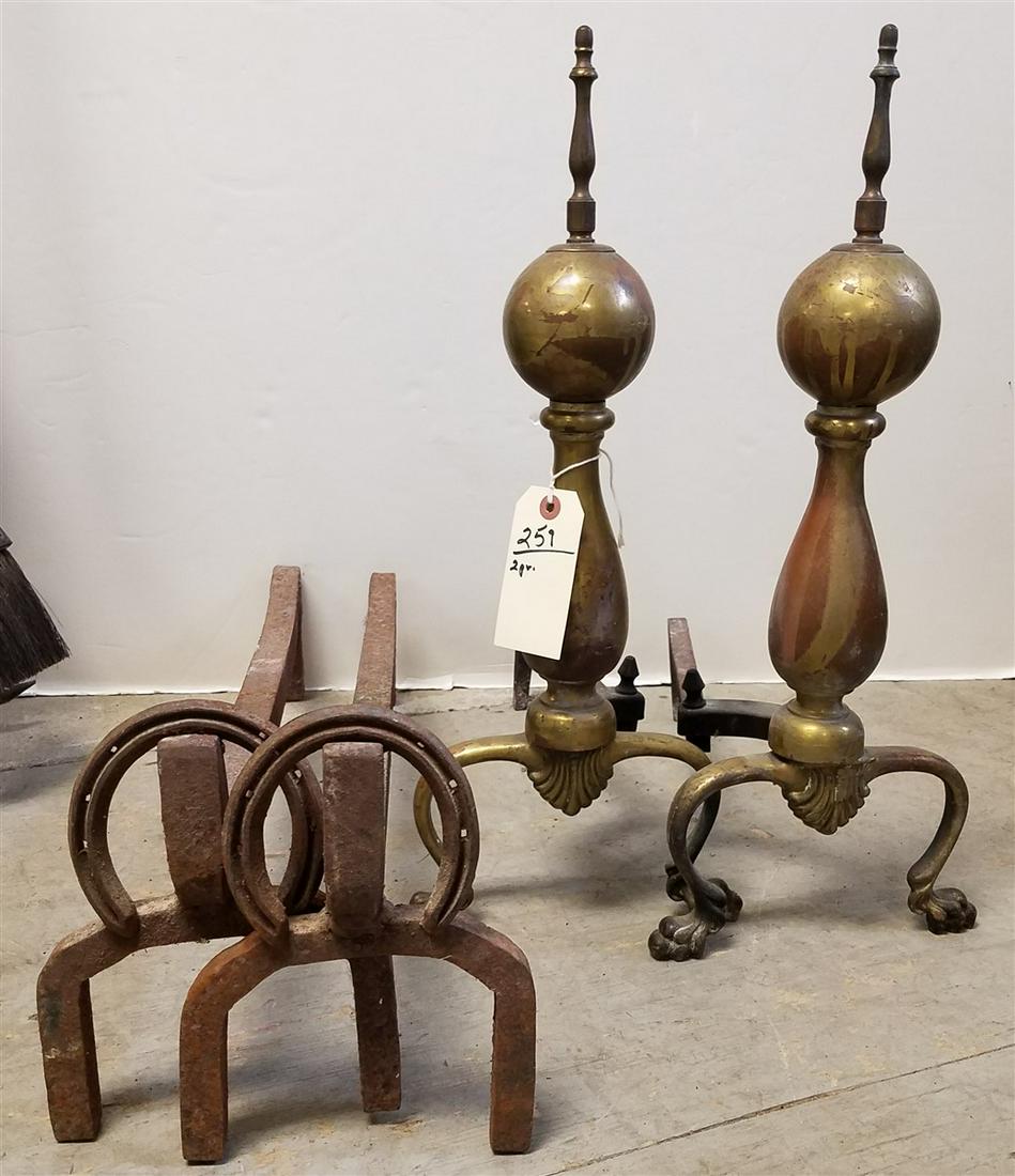PR. WROUGHT HORSESHOE ANDIRONS, + PR. BRASS ANDIRONS (1 of 1)