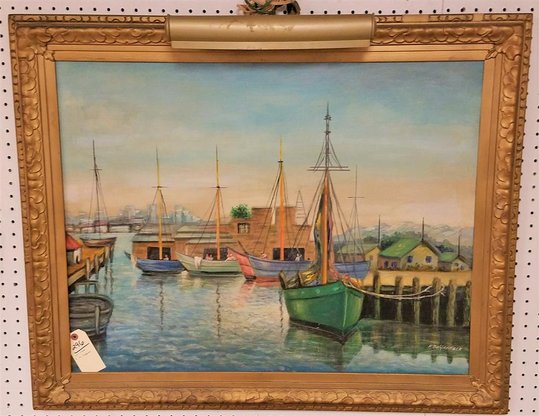 FRAMED O/C DOCK SCENE, SGND. F. DE RAFFELE, 25.5" X 32" (1 of 1)