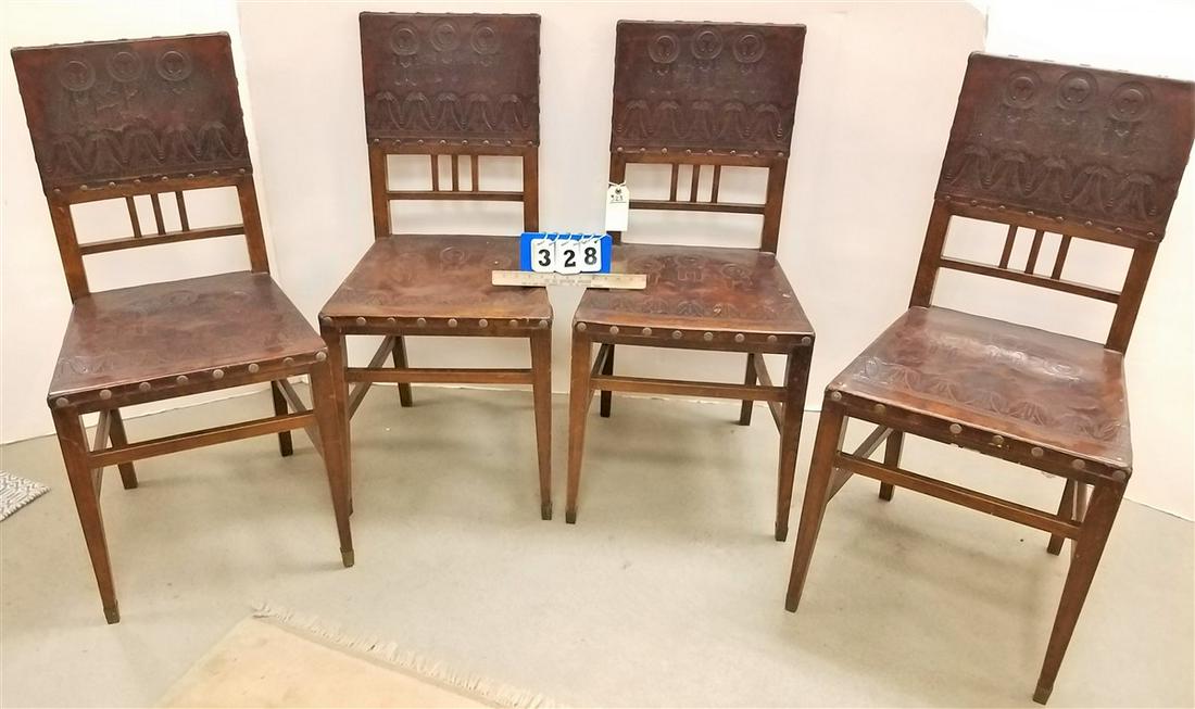 SET 4 OAK c.1900 SIDE CHAIRS W/TOOLED LEATHER SEATS + (1 of 2)