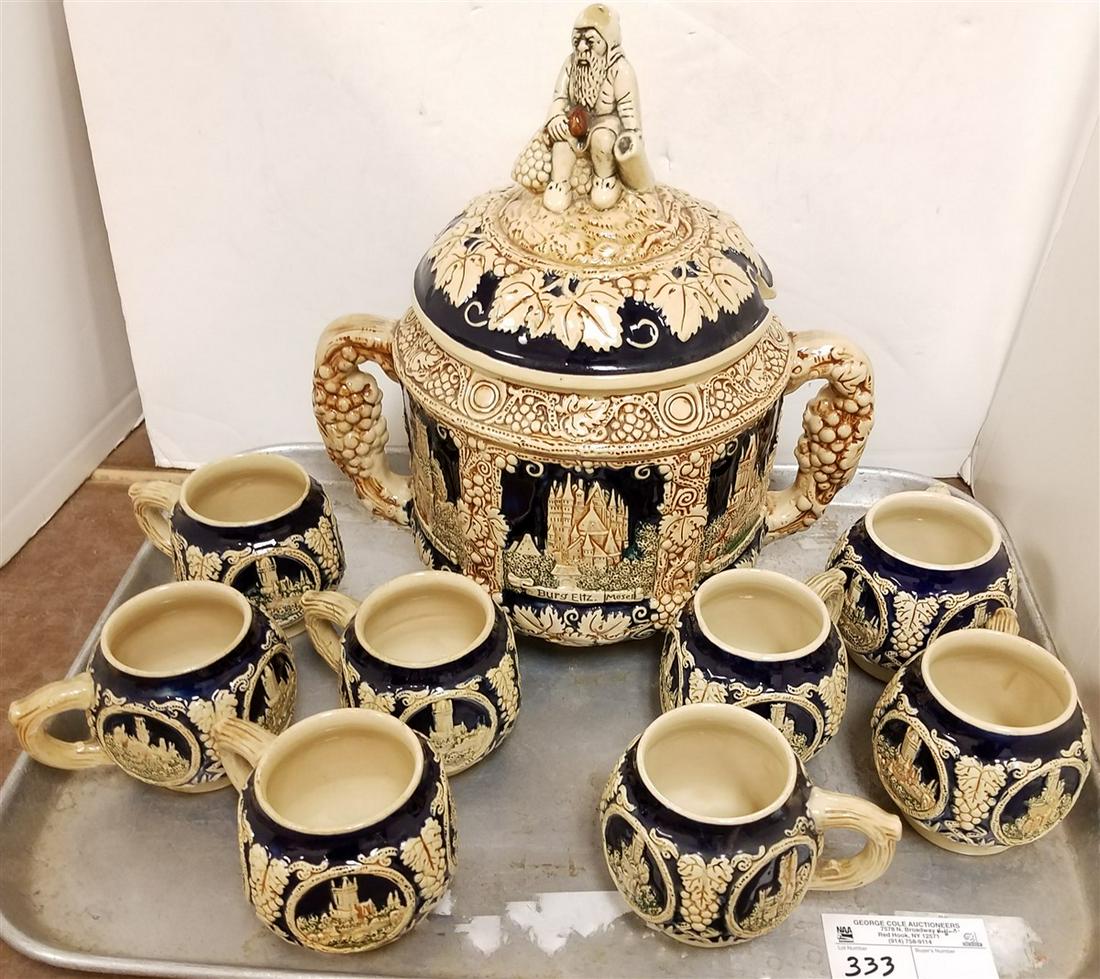 TRAY GERMAN CARVED DOUBLE HANDLED VESSEL W/ 8 CUPS (1 of 3)