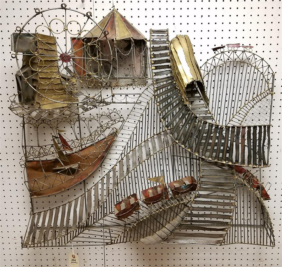 METAL AMUSEMENT PARK WALL SCULPTURE, 33"H X 37"W X 5'D: METAL AMUSEMENT PARK WALL SCULPTURE, 33"H X 37"W X 5'D SGND. D.F.