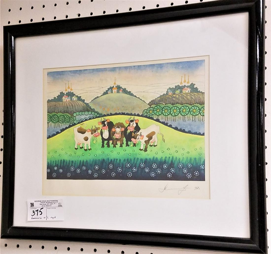 FRAMED RUSSIAN W/C COWS IN FIELD, PENCIL SGND. 7.5" X (1 of 1)
