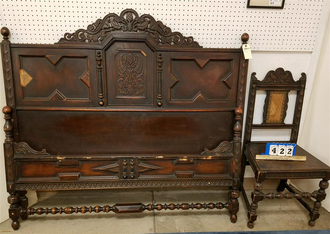 3 PC. 30'S JACOBEAN STYLE BED SET-5 DRAWER CHEST, FULL (1 of 2)