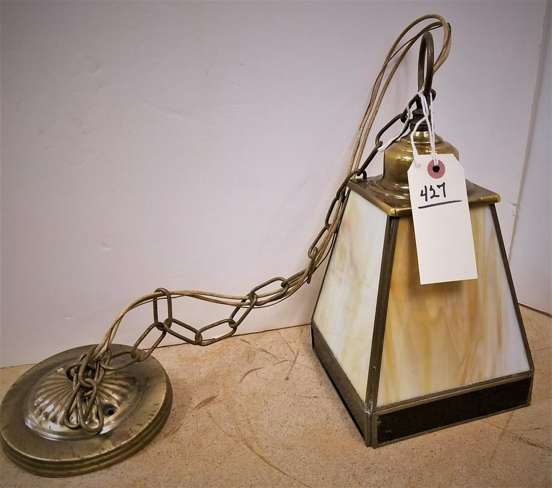BRASS HANGING LANTERN W/ SLAG GLASS PANELS, 12"H X (1 of 2)