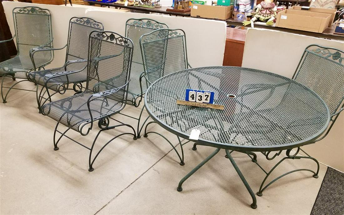 WROUGHT 47.5" DIAM. PATIO TABLE, W/ 6 SPRING ARMCHAIRS (1 of 2)