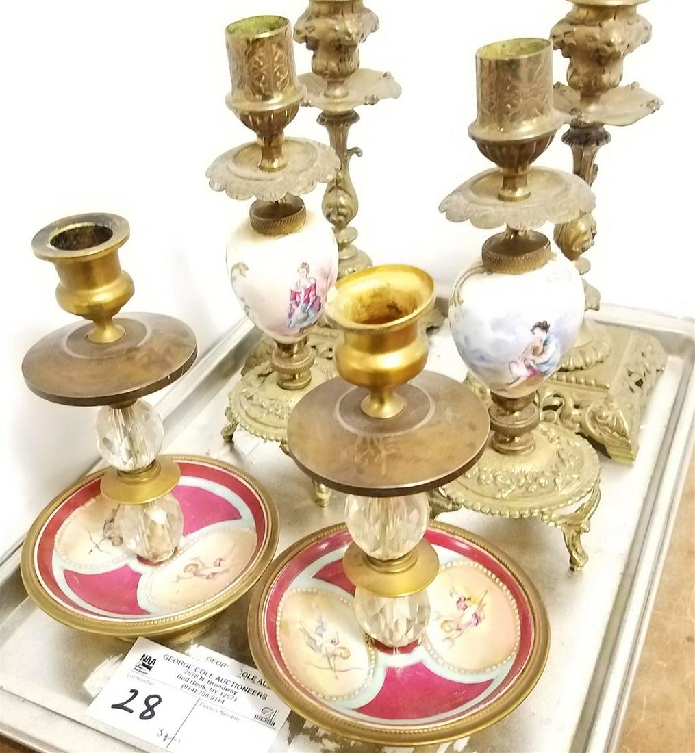 TRAY 3 PR. CANDLESTICKS-2 W/ PORCELAIN MOUNTS (1 of 5)