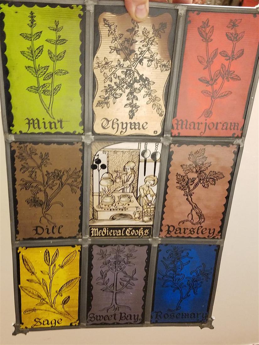 LEADED STAINED + ENAMELED GLASS PANEL, 18.5" X 12" (1 of 2)