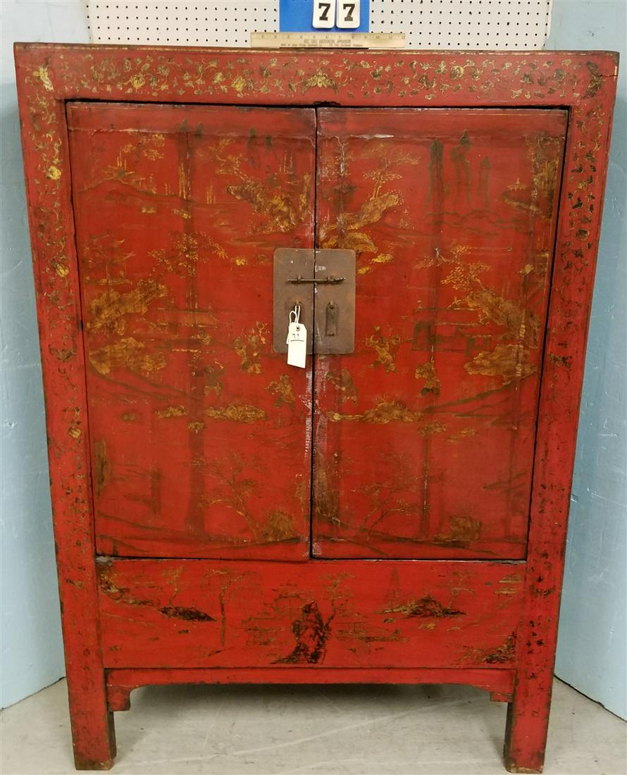 ANTIQUE CHINESE RED LACQUER 2 DOOR CABINET, 68.5"H X (1 of 3)