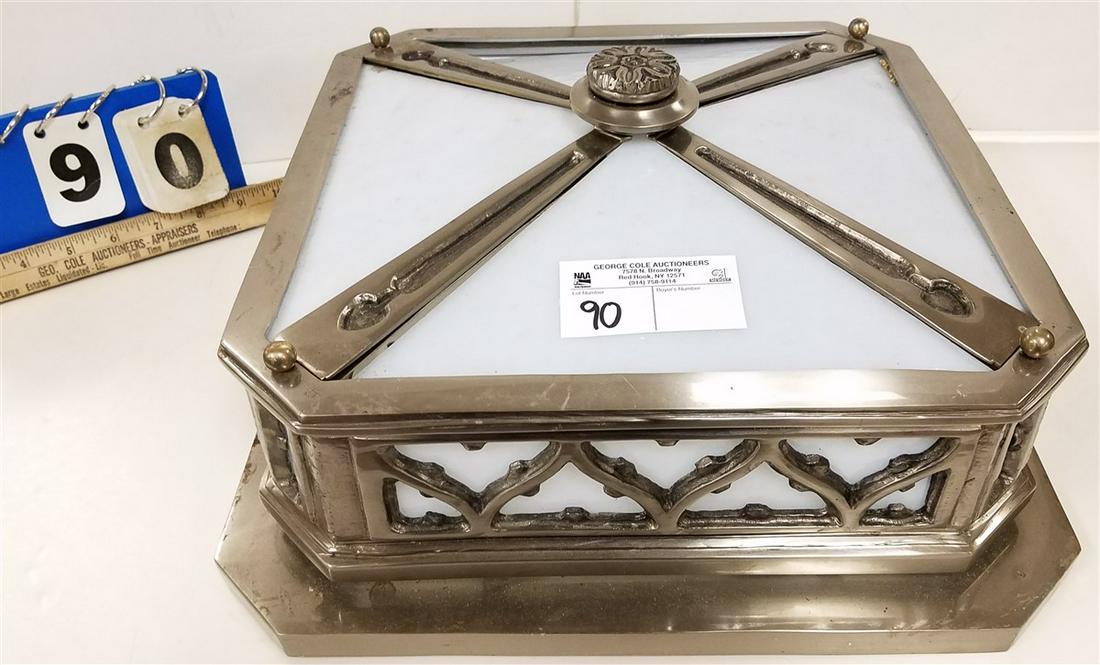 NICKEL PLATED BRONZE CEILING LIGHT W/ SLAG GLASS (1 of 2)