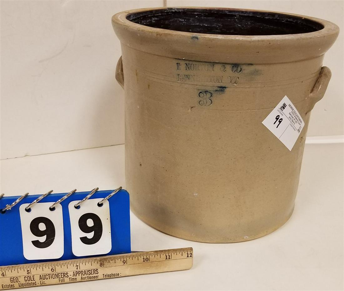 3 GAL E. NORTON + CO., BENNINGTON VT, STONEWARE CROCK (1 of 2)