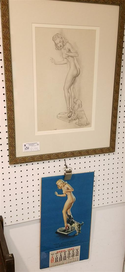 FRAMED ORIG. PENCIL DRAWING, PIN UP CALENDAR ART BY GIL (1 of 4)