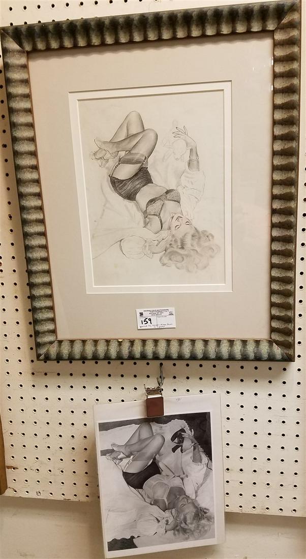 FRAMED ORIG. PIN UP CALENDAR ART PENCIL DRAWING BY (1 of 3)