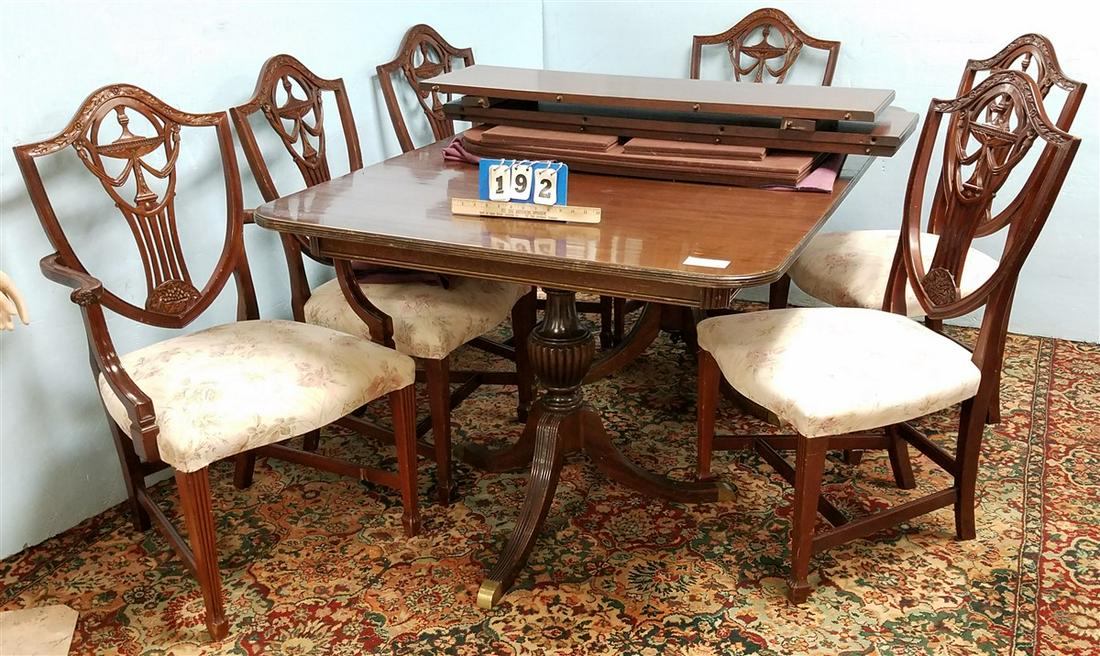 DOUBLE PED. MAHOG. DINING TABLE W/ 3 LEAVES + PADS W/ 6 (1 of 2)