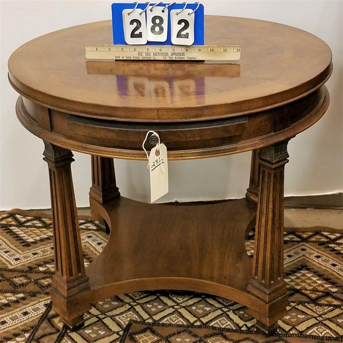 WALNUT SIDE TABLE W/ PULL OUT SHELF, 21.5"H X 26" DIAM. (1 of 2)