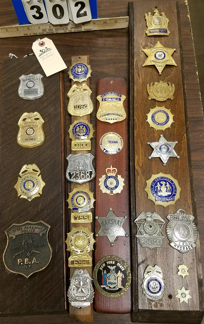 4 PLAQUES W/ 27 BADGES-POLICE, 26.5" X 4.5", 20" X (1 of 3)