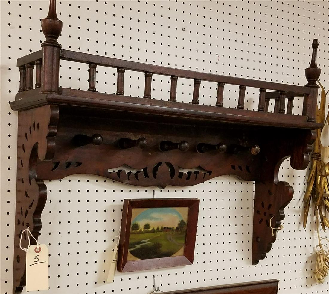 MAHOG WALL SHELF W/ COAT HOOKS 26"H X 32"W X 8"D: MAHOG WALL SHELF W/ COAT HOOKS 26"H X 32"W X 8"D