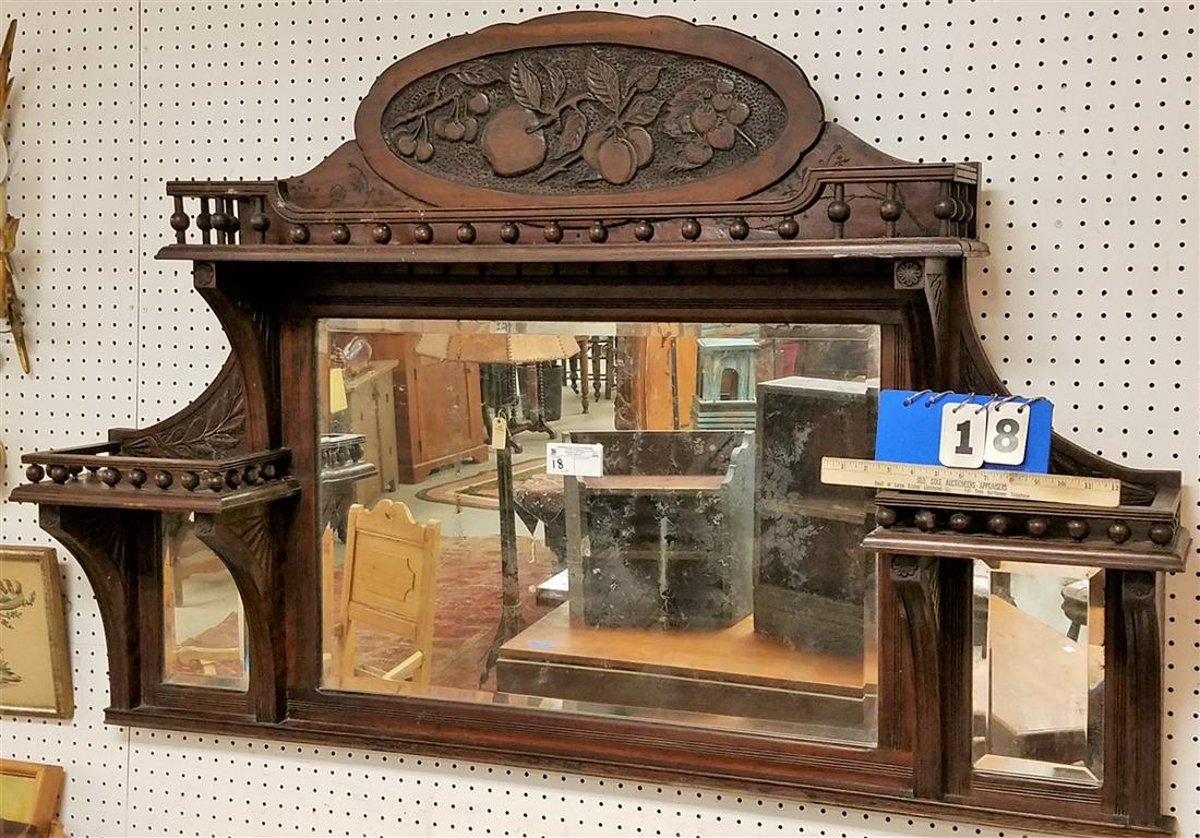 VICT CARVED WALL SHELF W/ BEVELLED GLASS 37"H X 54"W X: VICT CARVED WALL SHELF W/ BEVELLED GLASS 37"H X 54"W X 8"D