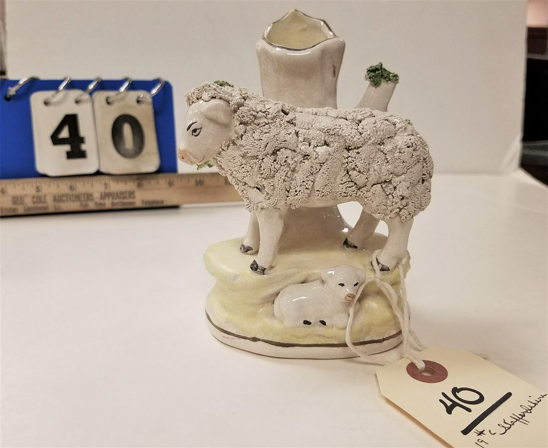 19TH C STAFFORDHSIRE SHEEP SPILL VASE 5 1/4"H X 4"W: 19TH C STAFFORDHSIRE SHEEP SPILL VASE 5 1/4"H X 4"W
