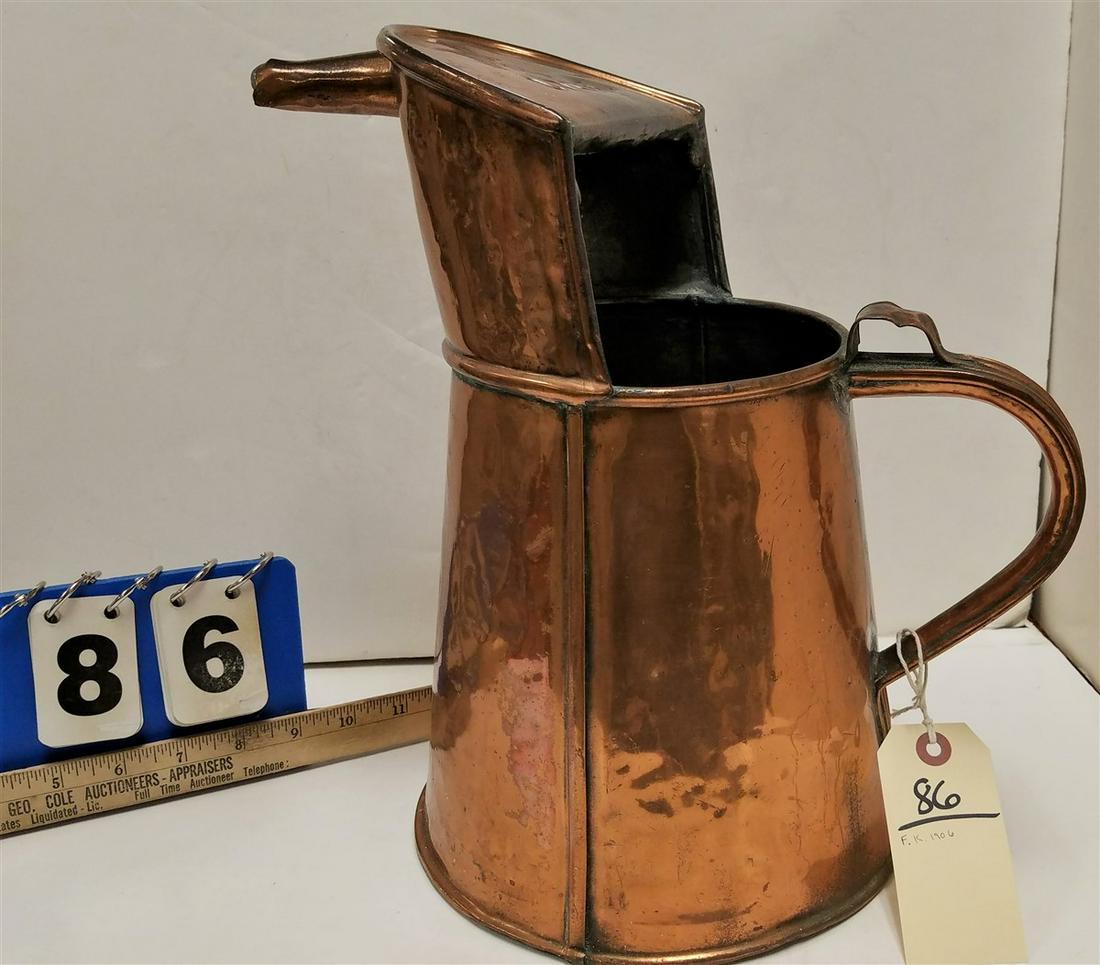 COPPER PITCHER SGND F.K. 1906 13 1/2"H X 9" DIAM: COPPER PITCHER SGND F.K. 1906 13 1/2"H X 9" DIAM