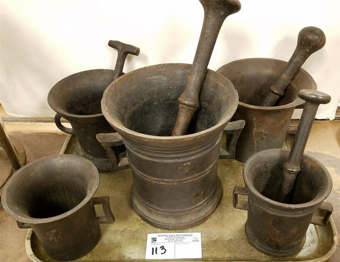 TRAY 5 19th c. CAST IRON MORTAT + PESTLES: TRAY 5 19th c. CAST IRON MORTAT + PESTLES