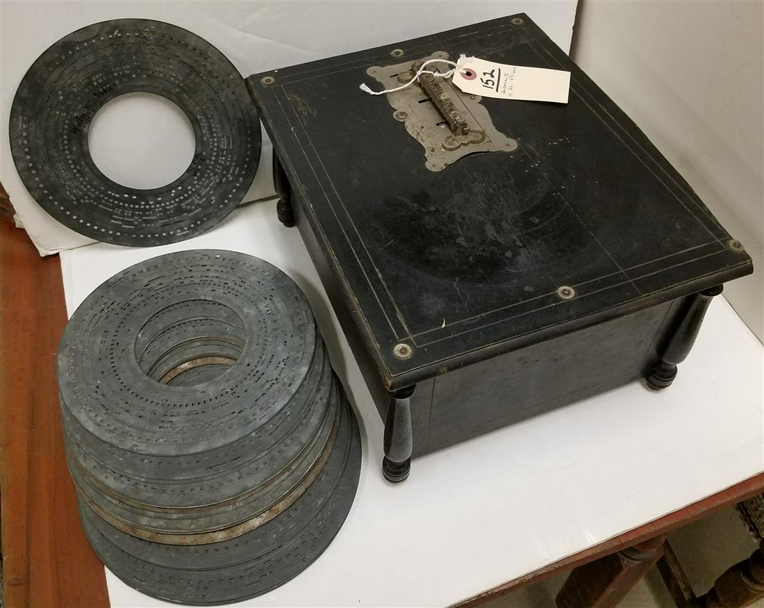 INTONA II DISC PLAYER W/ 26 8.75" DISCS-NEEDS BELLOWS: INTONA II DISC PLAYER W/ 26 8.75" DISCS-NEEDS BELLOWS REPAIR, 7"H X 13.25"W X 11"D