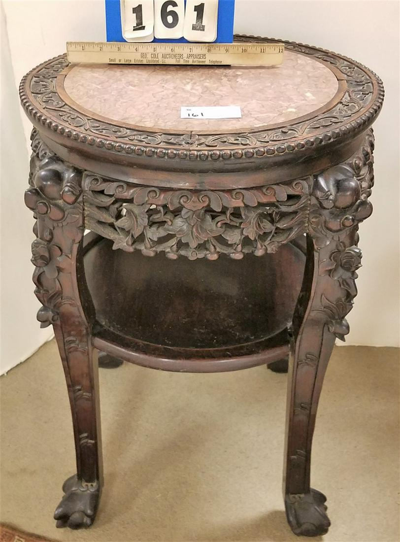 19th c. CHINESE CARVED 2 TIER STAND, W/ MARBLE TOP,: 19th c. CHINESE CARVED 2 TIER STAND, W/ MARBLE TOP, 26.5"H X 19" DIAM.
