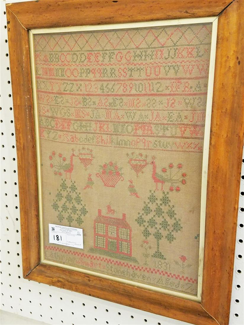 FRAMED 1831 SAMPLER BY CATHERINE SMART, 16.75" X 12": FRAMED 1831 SAMPLER BY CATHERINE SMART, 16.75" X 12"