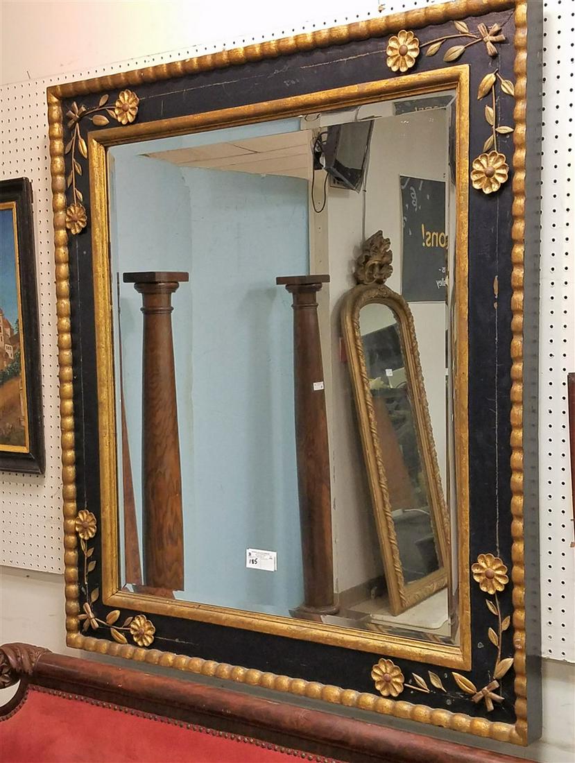 EBONIZED + GILT WOOD FRAMED BEVELLED MIRROR, 53" X 46": EBONIZED + GILT WOOD FRAMED BEVELLED MIRROR, 53" X 46"