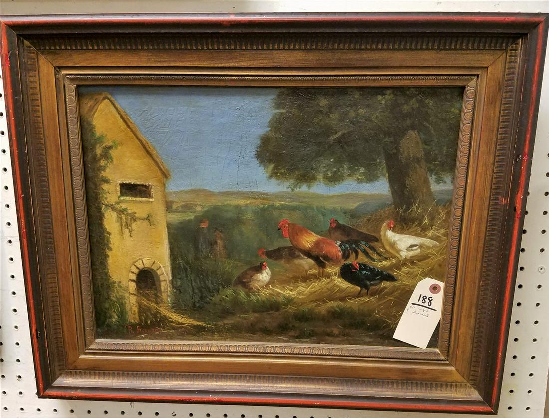 FRAMED O/C BARNYARD W/ CHICKENS, SGND, P. BERNARD. 14": FRAMED O/C BARNYARD W/ CHICKENS, SGND, P. BERNARD. 14" X 19.5"