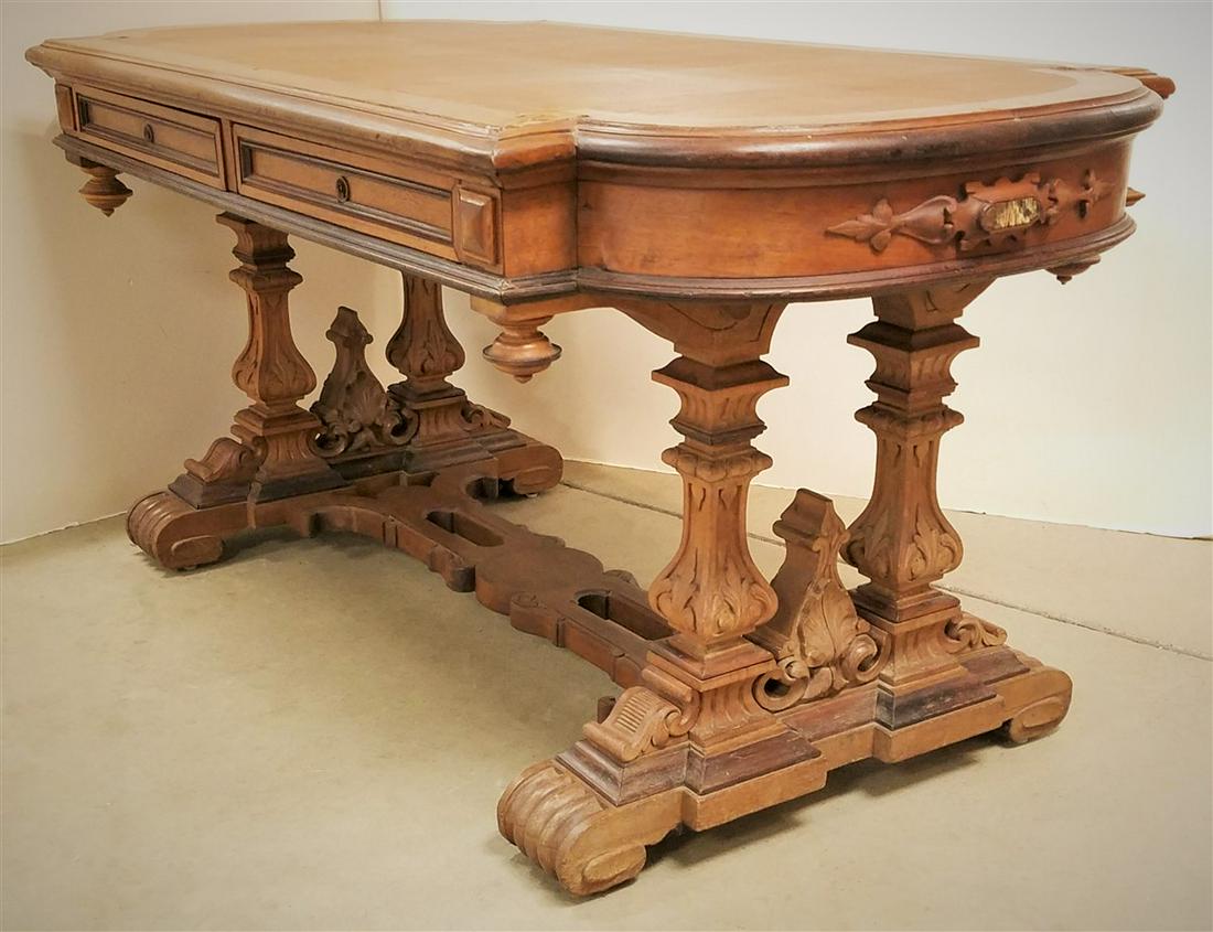 VICT. RENAISSANCE REVIVAL WALNUT 2 DRAWER LIBARY TABLE,: VICT. RENAISSANCE REVIVAL WALNUT 2 DRAWER LIBARY TABLE, 29.5"H X 5'W X 32.5"D