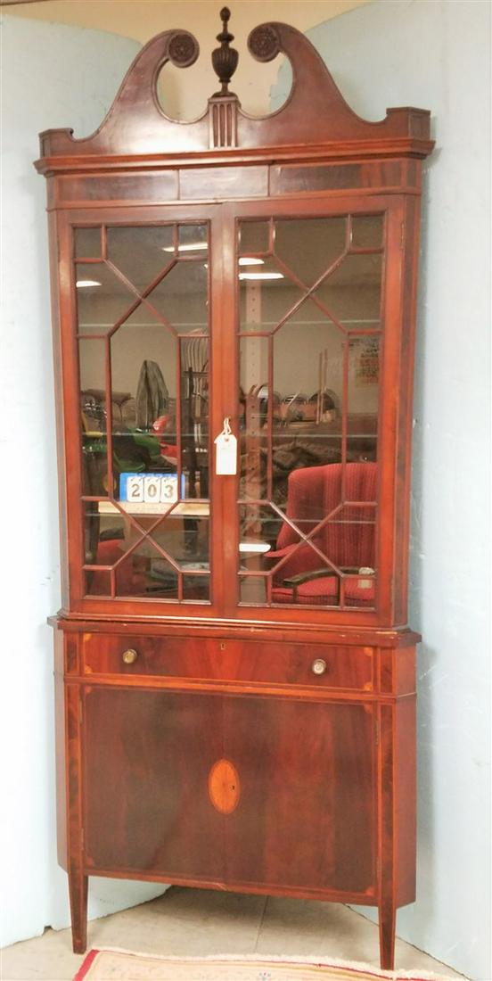 HEPPLEWHITE STYLE MAHOG. CORNER CABINET, W/INLAY, 7'9": HEPPLEWHITE STYLE MAHOG. CORNER CABINET, W/INLAY, 7'9" X 38"W