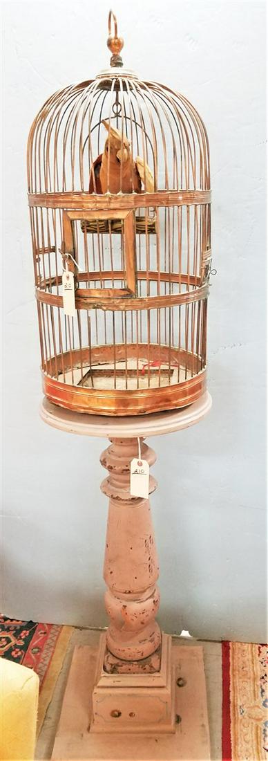 COPPER PARROT CAGE 36"H X 17" DIAM. W/ ROSCO MECHANICAL: COPPER PARROT CAGE 36"H X 17" DIAM. W/ ROSCO MECHANICAL PARROT, WOODEN PEDESTAL 40"H X 18" DIAM.